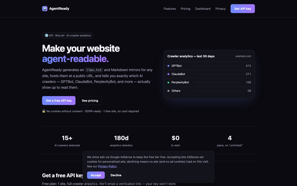 AgentReady website showing AI crawler analytics for a site