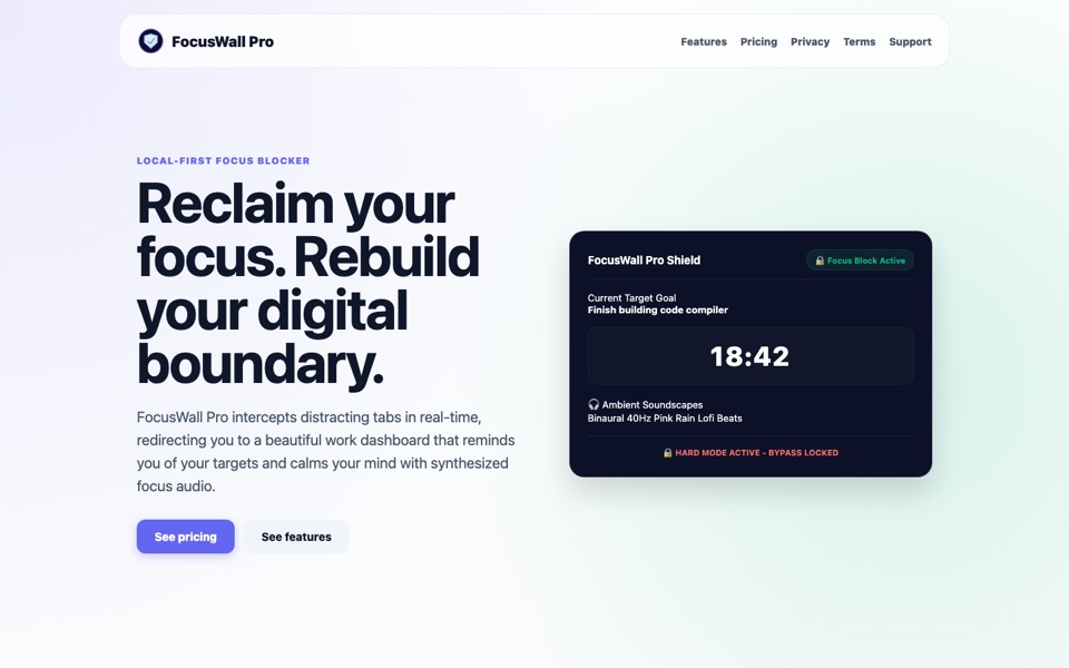 FocusWall Pro website showing the focus shield dashboard with a countdown timer