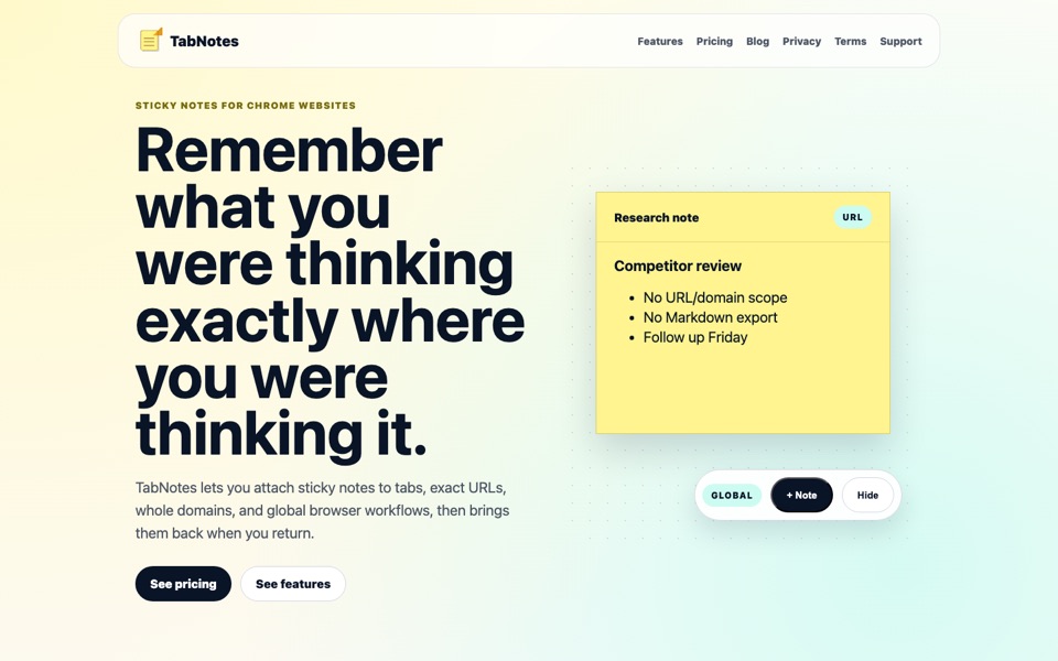 TabNotes website showing a sticky note attached to a browser URL