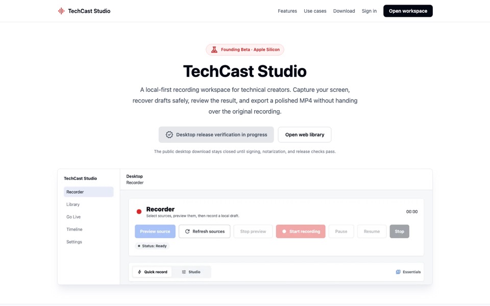 TechCast Studio website showing the local-first screen recorder workspace