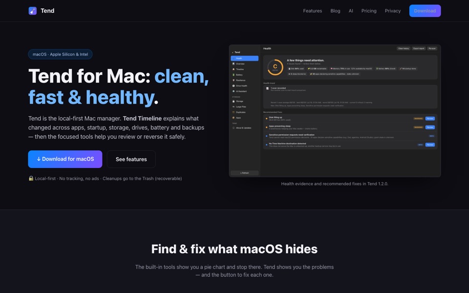 Tend for Mac website showing the system health dashboard